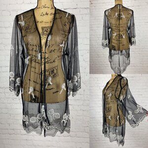 Haute Project Black Sheer Embroidered High Lo Open Front Kimono